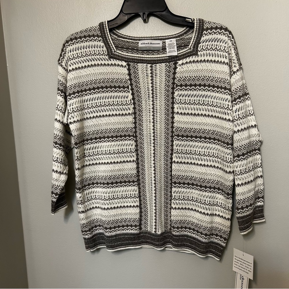 VTG Alfred Dunner Sweater- White & Gray Geometric Stripes NWT Size PM Petite M